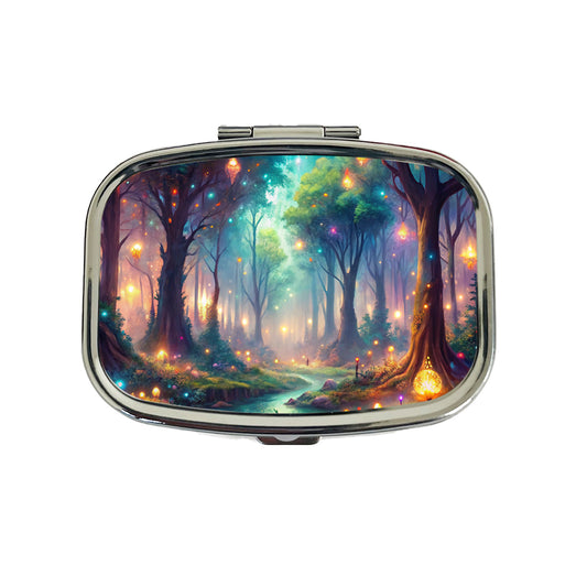 Fantasy Forest With Glowing Sprites Fae Spirits Watercolor Travel Pill Box Case