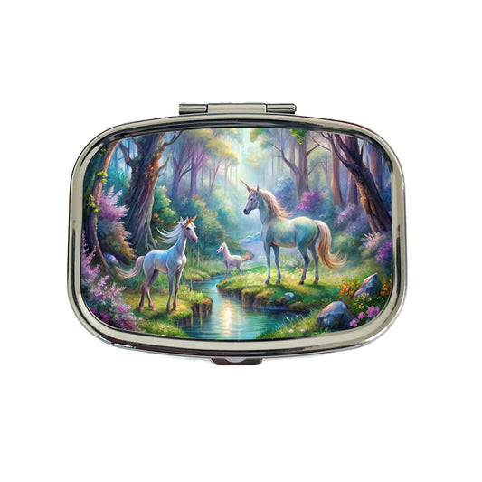 Fantasy Forest With Magical Unicorns Watercolor Travel Pill Box Case