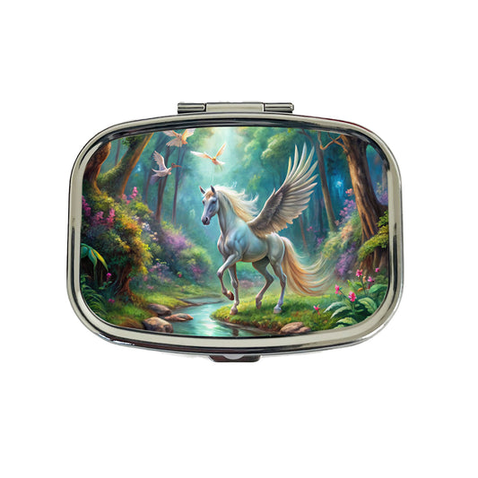 Fantasy Forest With Pegasus Winged-stallion Watercolor Travel Pill Box Case