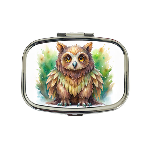 Fantasy Owl Bear Owlbear Green Background Watercolor Travel Pill Box Case