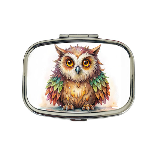 Fantasy Owlbear Owl Bear Colorful Wings Watercolor Travel Pill Box Case
