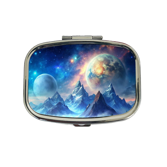 Fantasy Sci-fi World Moons Rising Over Mountains Watercolor Travel Pill Box Case