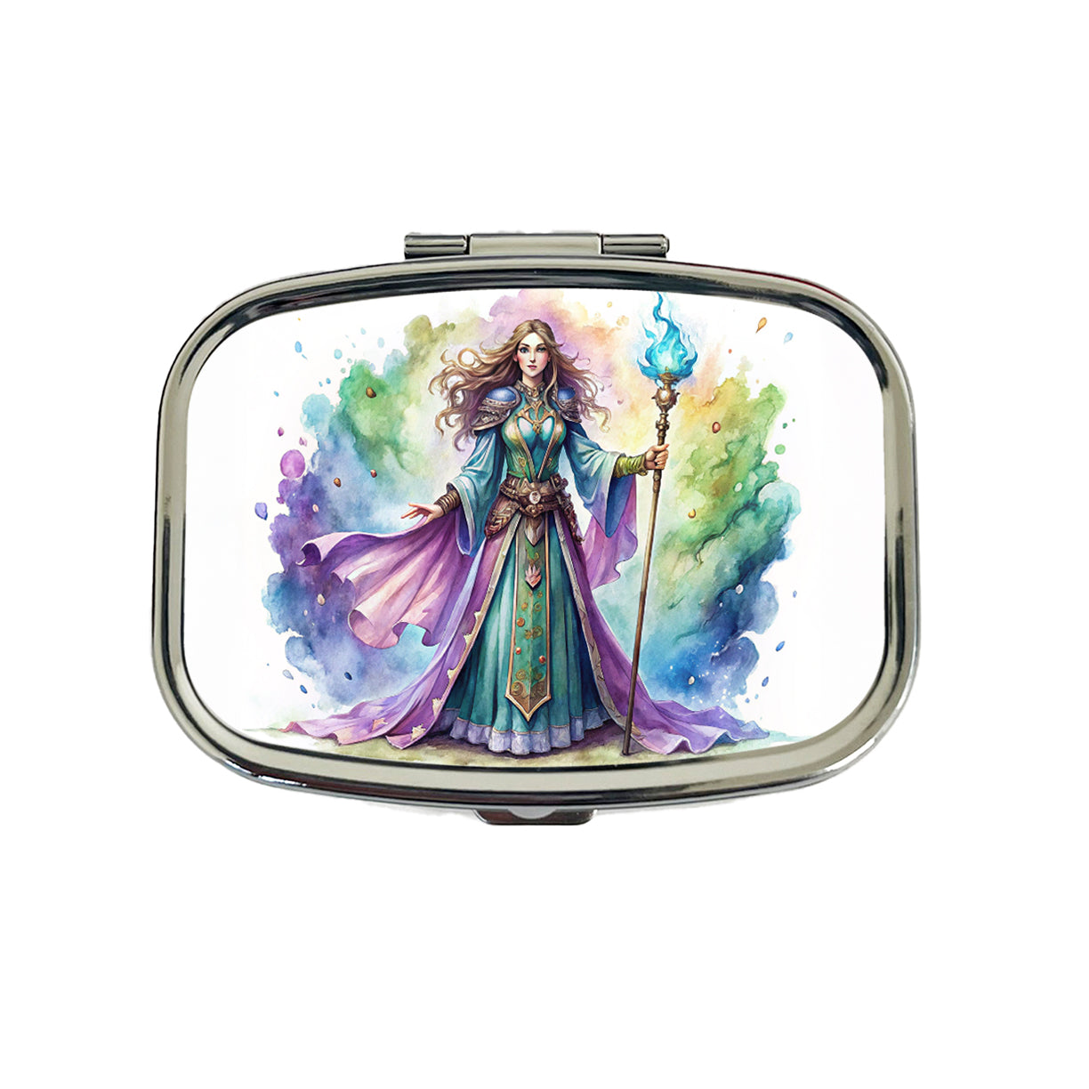 Fantasy Sorceress Purple Blue Magic Mana Watercolor Travel Pill Box Case