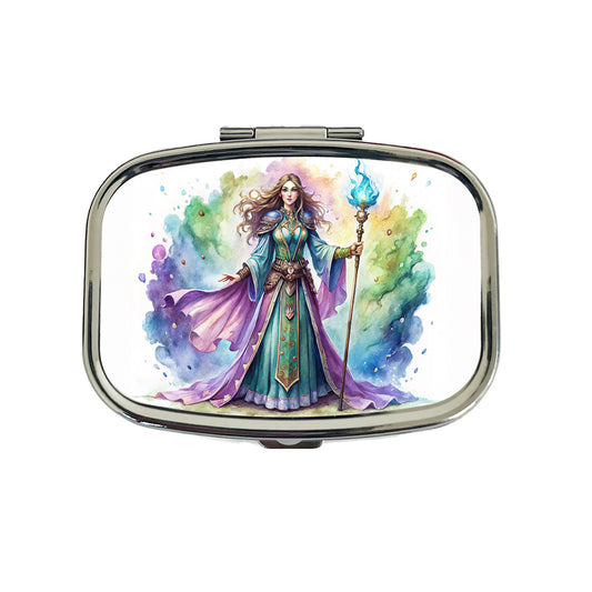 Fantasy Sorceress Purple Blue Magic Mana Watercolor Travel Pill Box Case