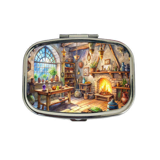 Fantasy Wizard's Sorcerer's Workshop Watercolor Travel Pill Box Case