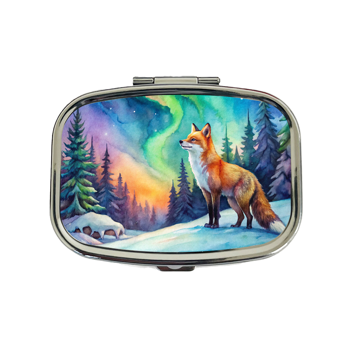 Fox And Northern Lights Watercolor Travel Pill Box Case