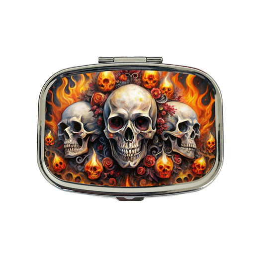 Gothic Skulls And Flames Watercolor Travel Pill Box Case