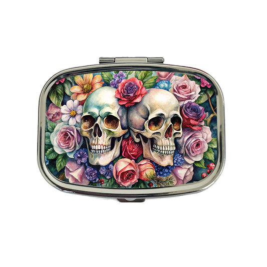 Gothic Skulls And Flowers Watercolor Travel Pill Box Case