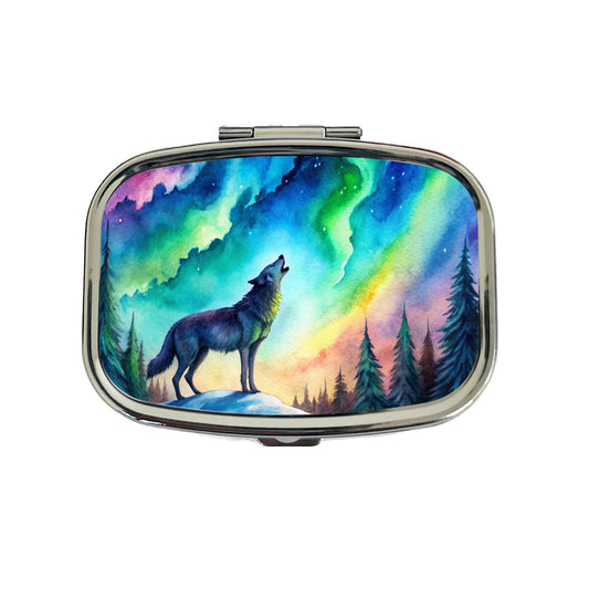 Howling Wolf And Northern Lights Watercolor Travel Pill Box Case