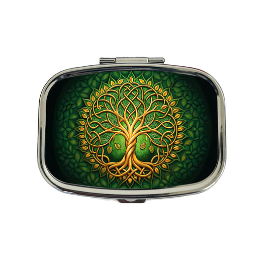 Irish Celtic Knot Tree Of Life Green And Golden Travel Pill Box Case
