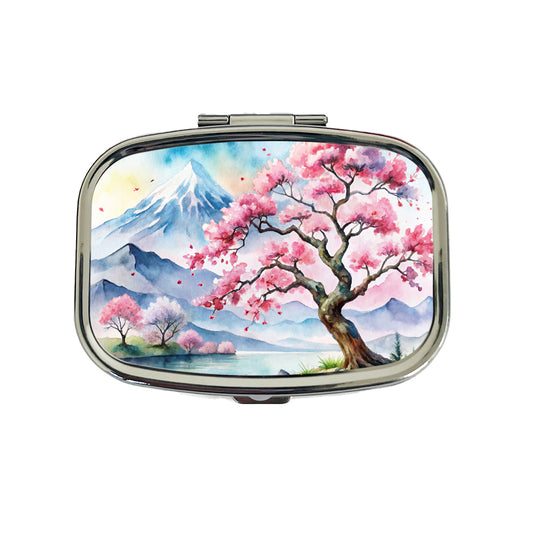 Japanese Cherry Blossom Tree Scene Watercolor Travel Pill Box Case