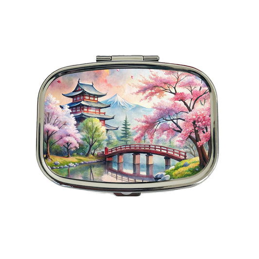 Japanese Scene With Bridge And Cherry Blossom Trees Watercolor Travel Pill Box Case