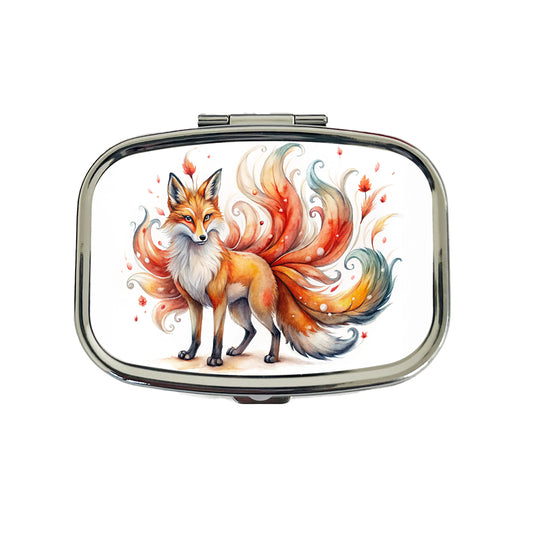 Kitsune Fox With Many Tails Asian Japanese Spirit Folklore Watercolor Travel Pill Box Case