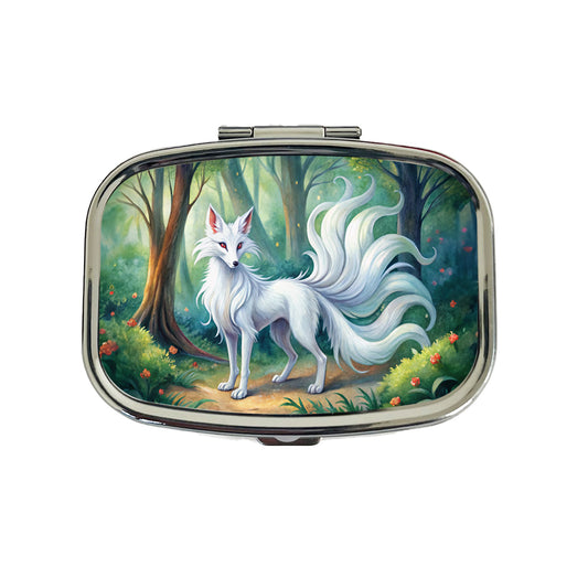 Kitsune White Fox With Many Tails Japanese Spirit Animal Watercolor Travel Pill Box Case