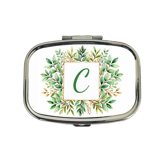 Letter C Initial Monogram Frame Leaf Travel Pill Box Case