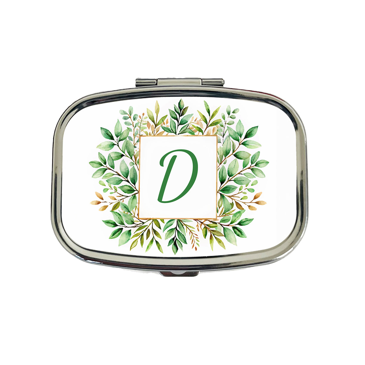 Letter D Initial Monogram Frame Leaf Travel Pill Box Case