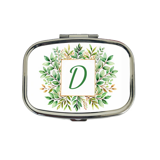 Letter D Initial Monogram Frame Leaf Travel Pill Box Case