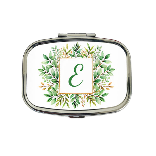 Letter E Initial Monogram Frame Leaf Travel Pill Box Case