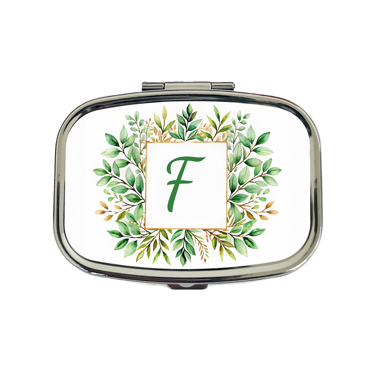 Letter F Initial Monogram Frame Leaf Travel Pill Box Case