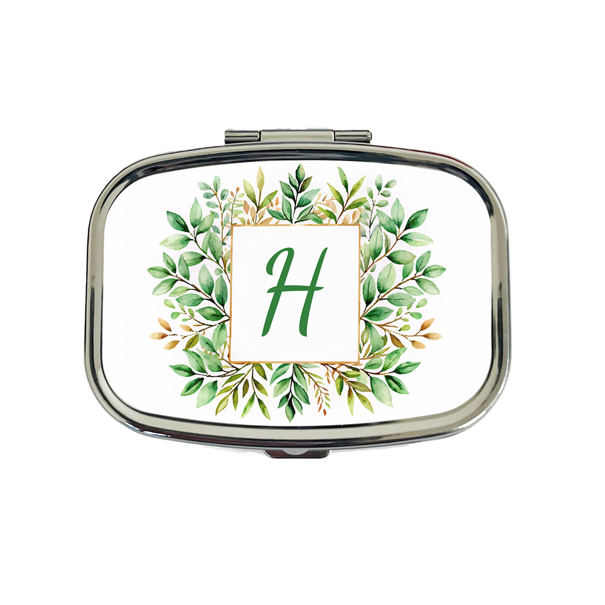 Letter H Initial Monogram Frame Leaf Travel Pill Box Case