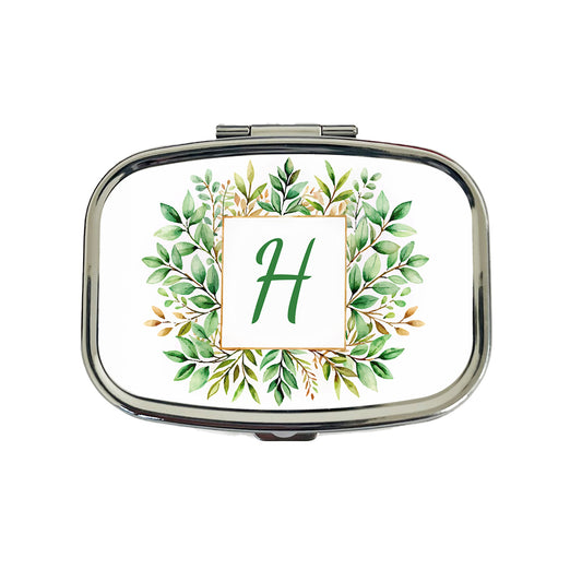 Letter H Initial Monogram Frame Leaf Travel Pill Box Case