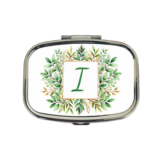 Letter I Initial Monogram Frame Leaf Travel Pill Box Case