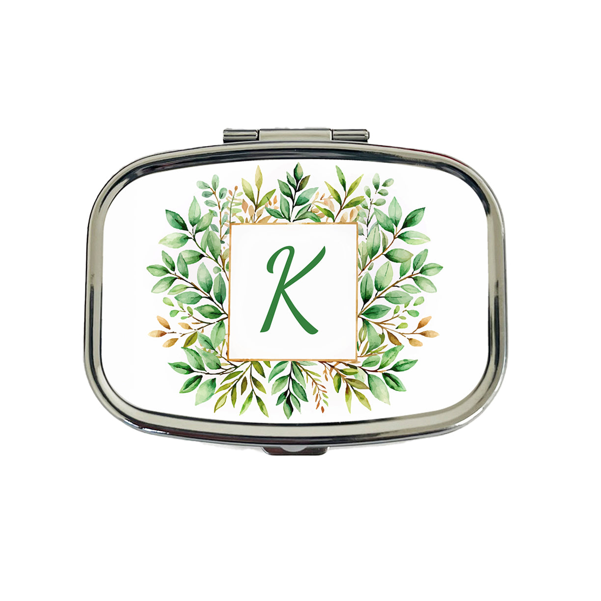 Letter K Initial Monogram Frame Leaf Travel Pill Box Case