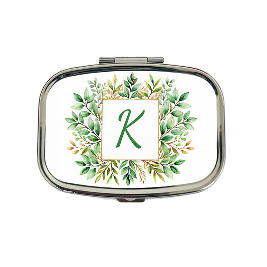 Letter K Initial Monogram Frame Leaf Travel Pill Box Case