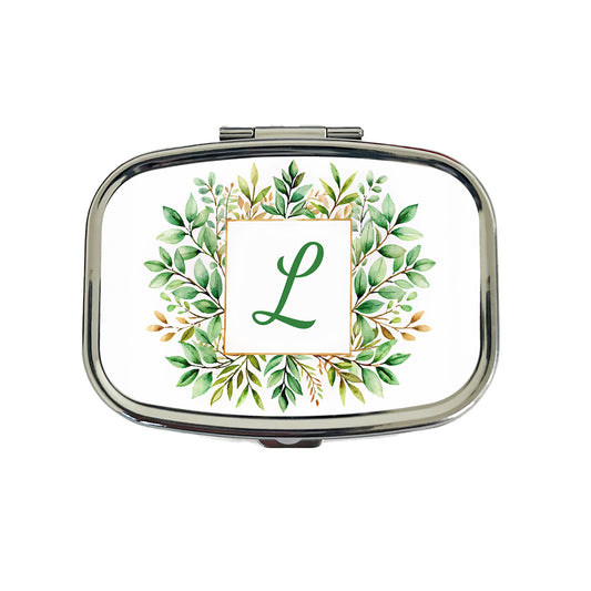 Letter L Initial Monogram Frame Leaf Travel Pill Box Case