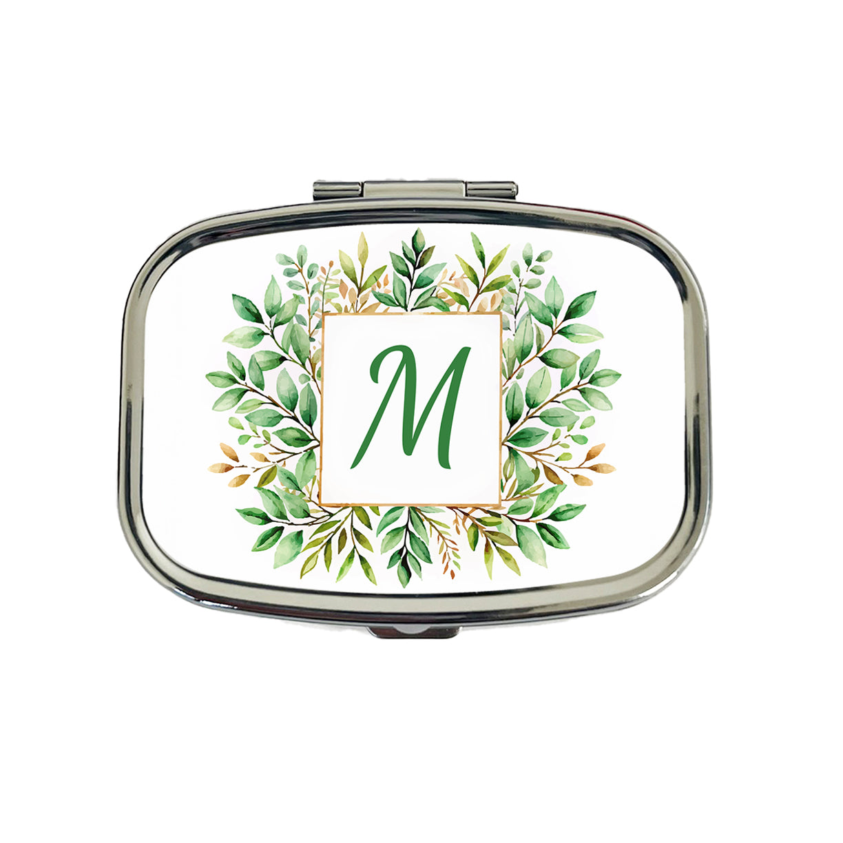 Letter M Initial Monogram Frame Leaf Travel Pill Box Case
