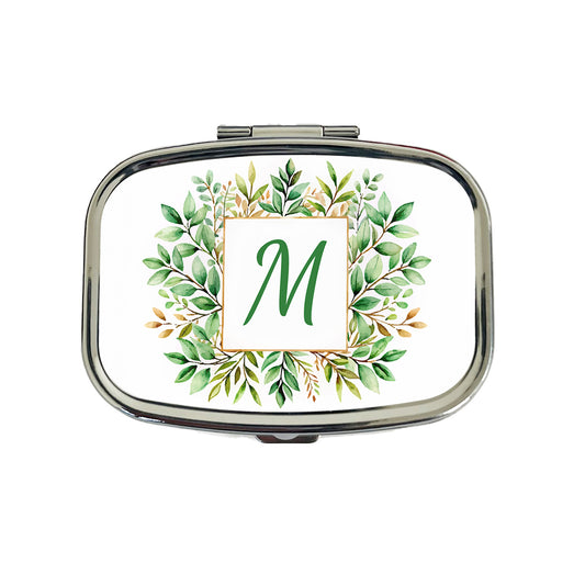 Letter M Initial Monogram Frame Leaf Travel Pill Box Case