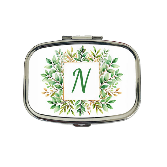 Letter N Initial Monogram Frame Leaf Travel Pill Box Case