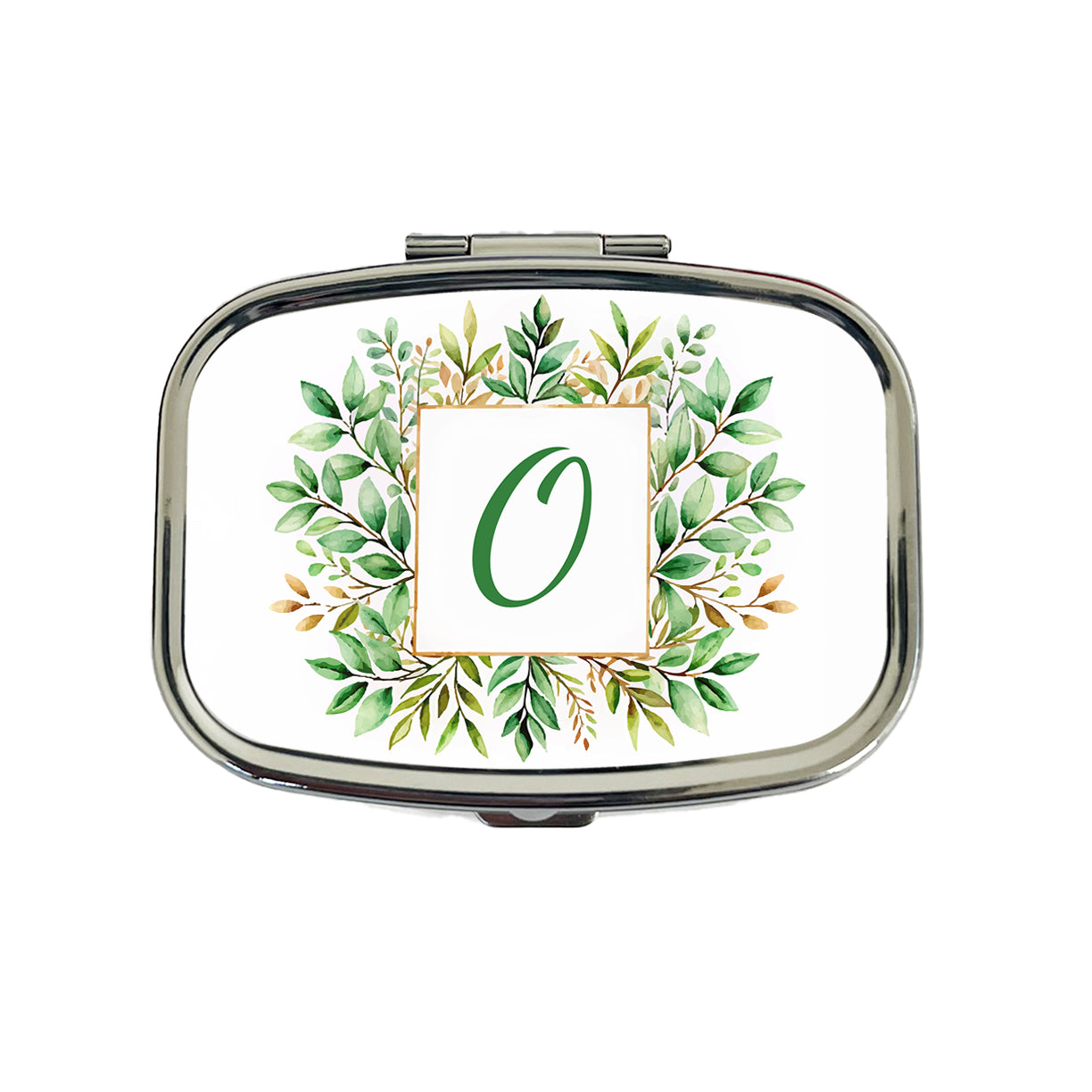 Letter O Initial Monogram Frame Leaf Travel Pill Box Case