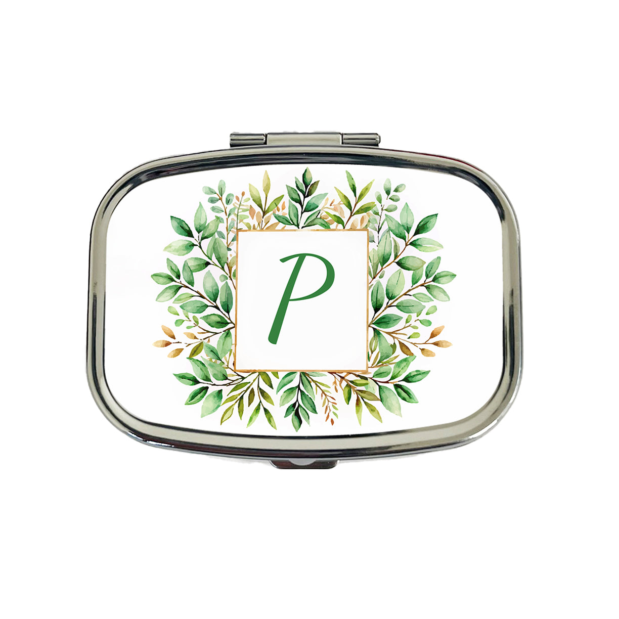 Letter P Initial Monogram Frame Leaf Travel Pill Box Case