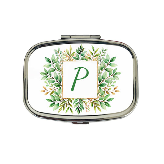 Letter P Initial Monogram Frame Leaf Travel Pill Box Case
