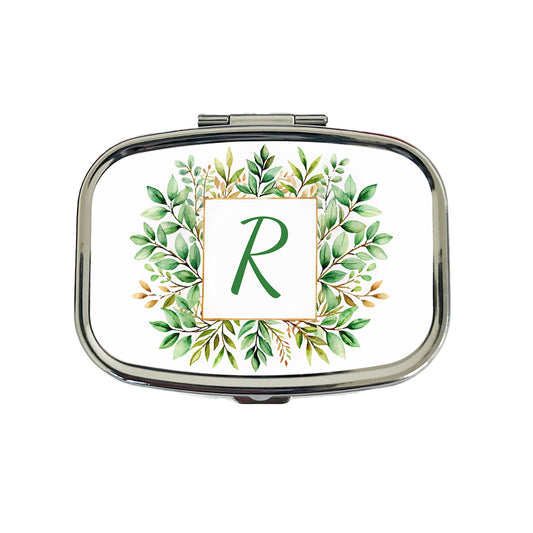 Letter R Initial Monogram Frame Leaf Travel Pill Box Case