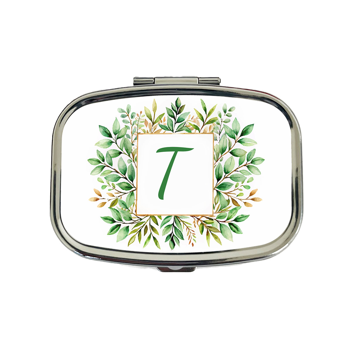 Letter T Initial Monogram Frame Leaf Travel Pill Box Case