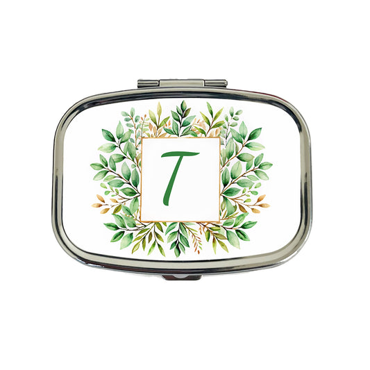 Letter T Initial Monogram Frame Leaf Travel Pill Box Case