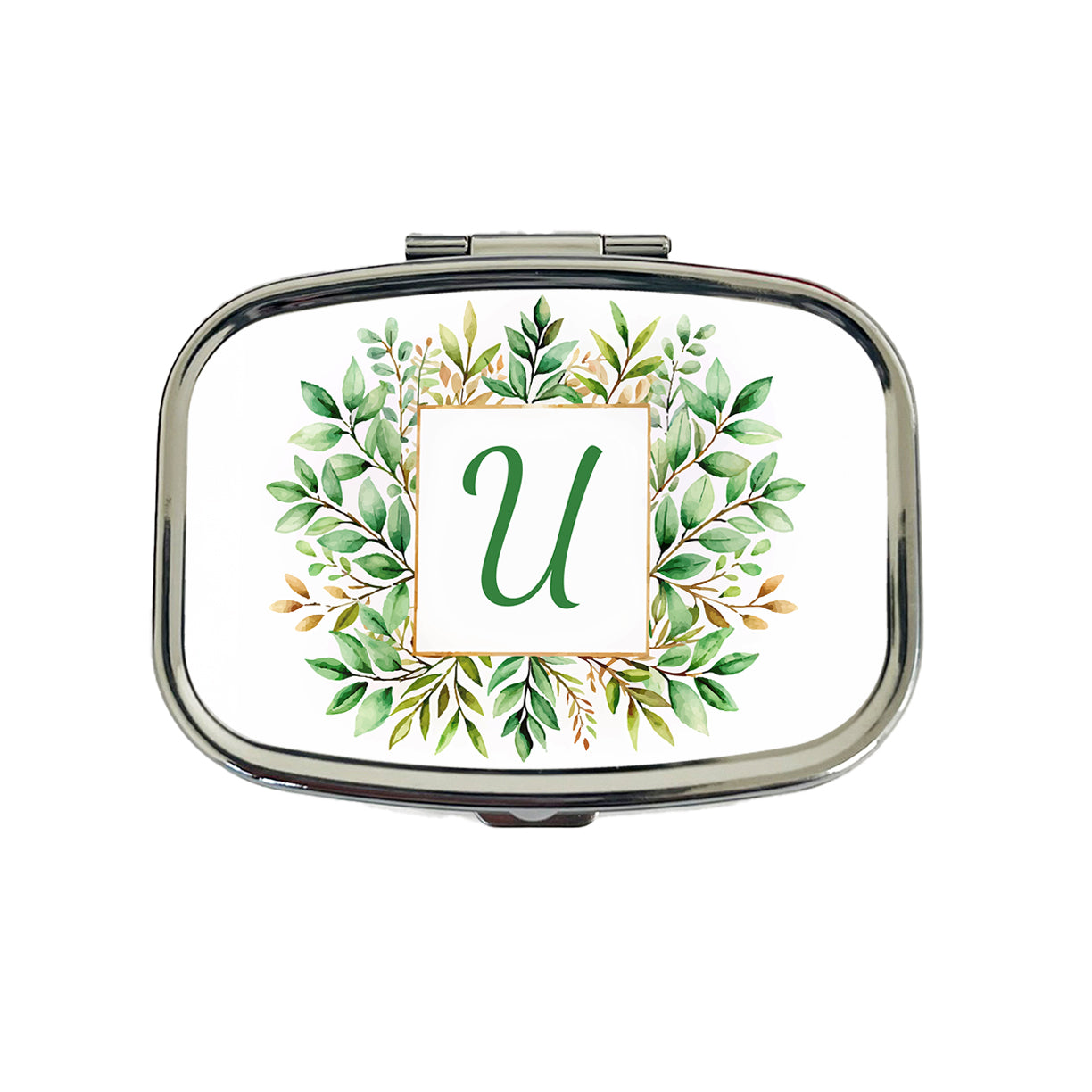 Letter U Initial Monogram Frame Leaf Travel Pill Box Case