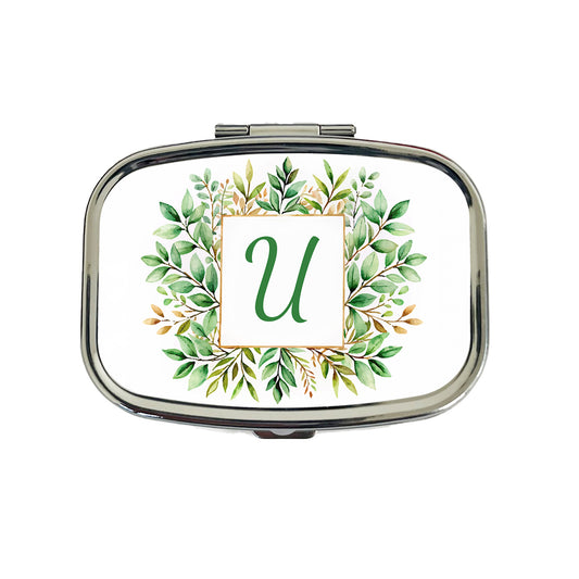 Letter U Initial Monogram Frame Leaf Travel Pill Box Case