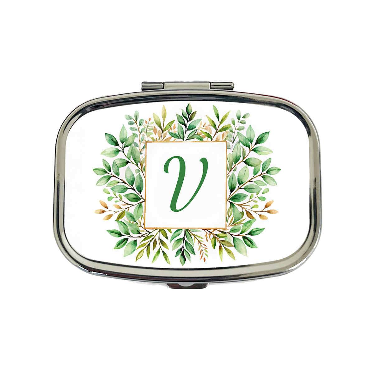 Letter V Initial Monogram Frame Leaf Travel Pill Box Case