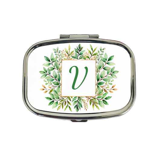Letter V Initial Monogram Frame Leaf Travel Pill Box Case