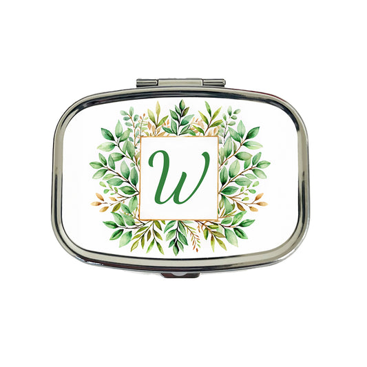 Letter W Initial Monogram Frame Leaf Travel Pill Box Case