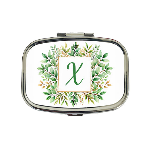 Letter X Initial Monogram Frame Leaf Travel Pill Box Case