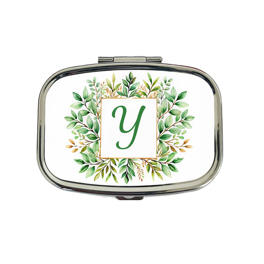 Letter Y Initial Monogram Frame Leaf Travel Pill Box Case