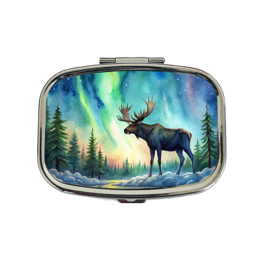 Moose And Northern Lights Watercolor Travel Pill Box Case