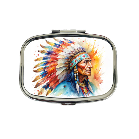 Native American Indian Chief Feather Headdress Watercolor Travel Pill Box Case