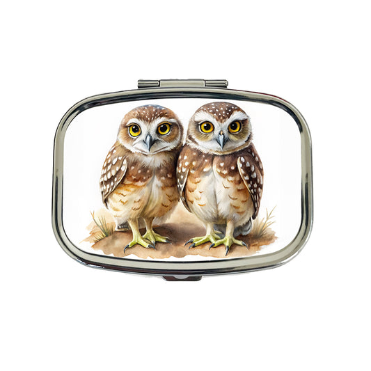 Pair Of Burrowing Owls Bird Watercolor Travel Pill Box Case