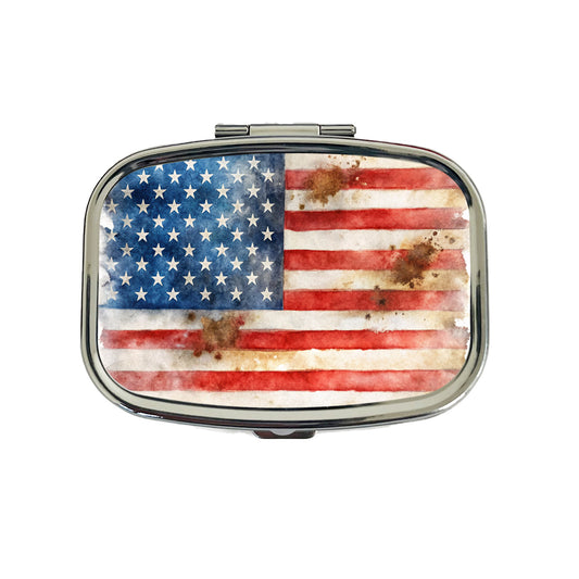 Patriotic Rustic Worn American Flag Watercolor Travel Pill Box Case