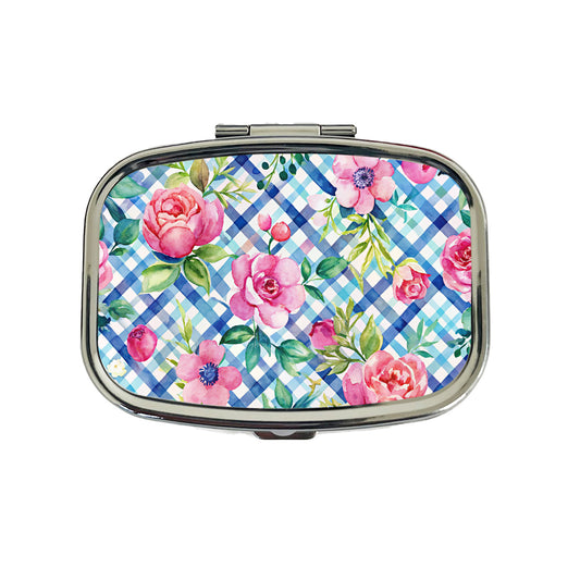 Preppy Pink Flowers Blue Gingham Plaid Travel Pill Box Case